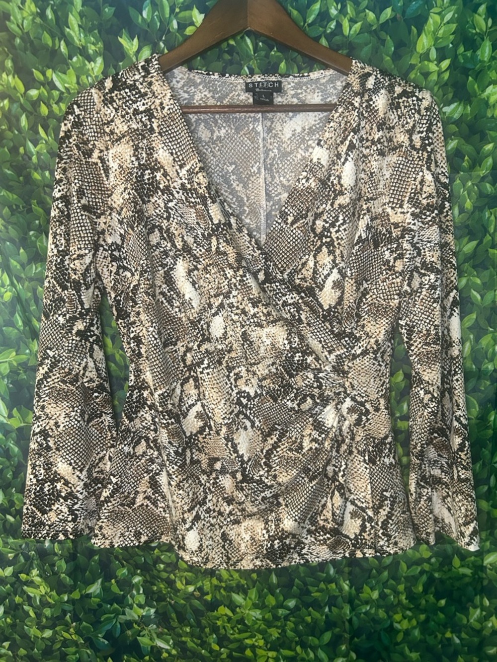 Stitch Surplice Snake Print Long Sleeve Top - Neutral Brown